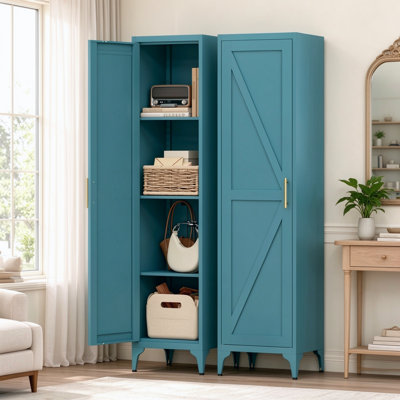 Armoire de rangement étroite en métal de 165 cm de hauteur, 37 cm de largeur x 35 cm de profondeur, avec une porte et trois tablettes réglables. Parfait pour la cuisine, le bureau ou l'entrée. Porte réversible, fermeture magnétique et système anti-basculement. Couleur : blanc.