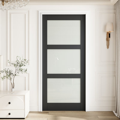 36" x 80" Black Door Slab, 3-Lite Tempered Frosted Glass Slab Door, Interior Door Slab w/o Hardware, for Bedroom, Closet, Hallway, Living Room, Pantry & Bathroom, Ideal for Prehung, Barn, Pocket, French & Bifold Door