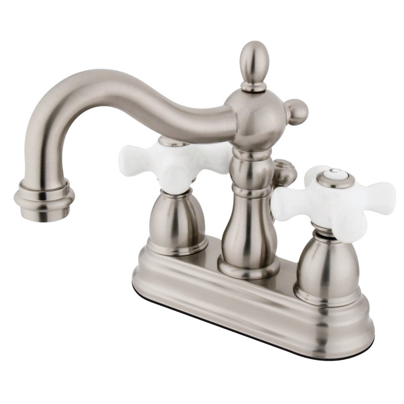 Kingston Brass Heritage Two-Handle 3-Hole Deck Mount 4" Centerset Bathroom Faucet with Plastic Pop-Up, Brushed Nickel