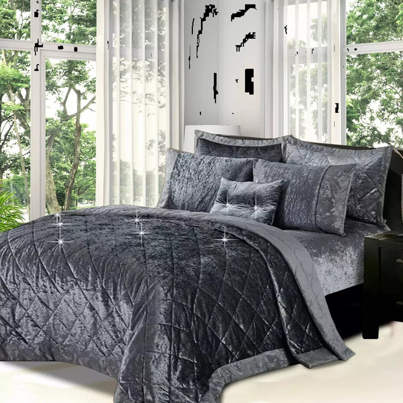 Polyester Bedspread with Pillow Shams Included, Dark Grey, Super King Quilt + 2 Standard Shams