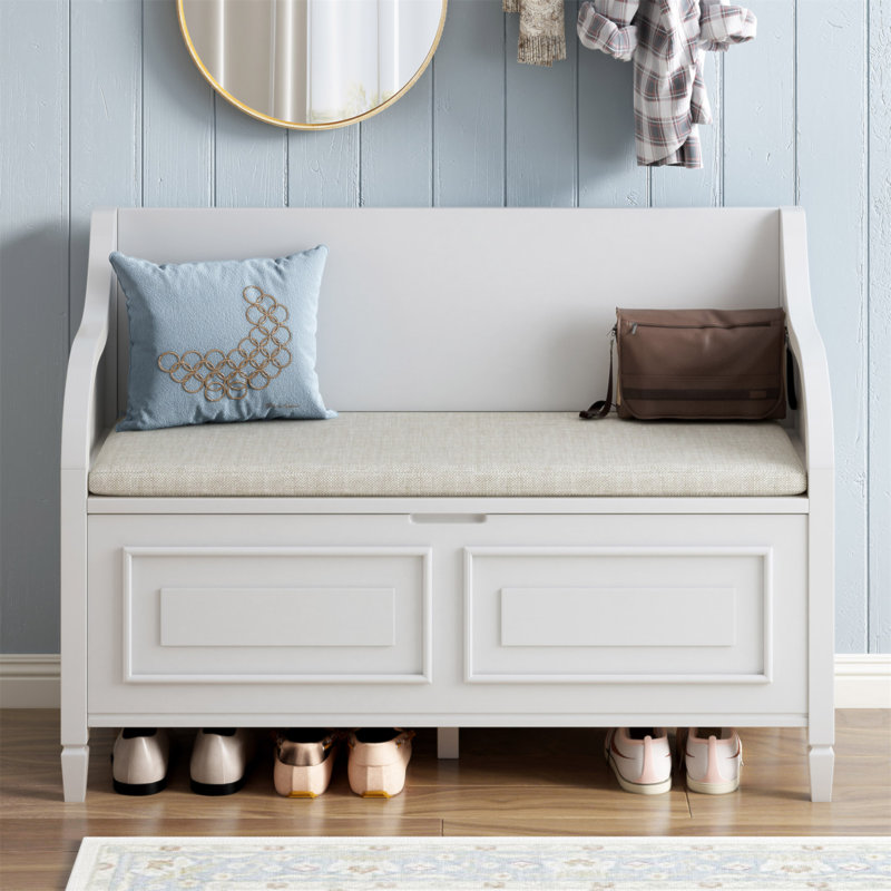 Banc de rangement multifonctionnel en bois massif de style rustique avec charnière de sécurité (blanc et beige)
