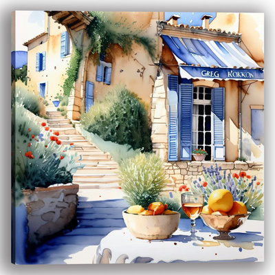 Charming Bistro with Blue Shutters and Citrus Table Setting Wrapped Canvas Wall Art