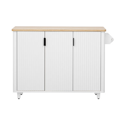 Fluted Kitchen Island, Accent Kitchen Island On Wheels With Drop Leaf And Internal Storage Rack, Rolling Kitchen Cart With Towel Rack For Kitchen, Din by Latitude Run