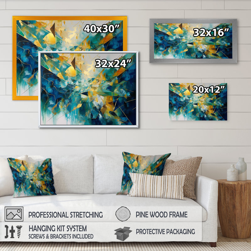 " Golden Explosion Triangles VI ", 34" H x 44" W x 1.5" D, Black Floater Framed
