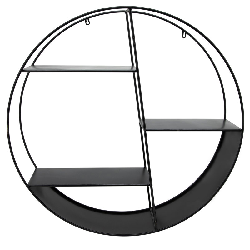 Modern Metal Wall Shelf with Round Geometric Frame and Tiered Open Storage, Black