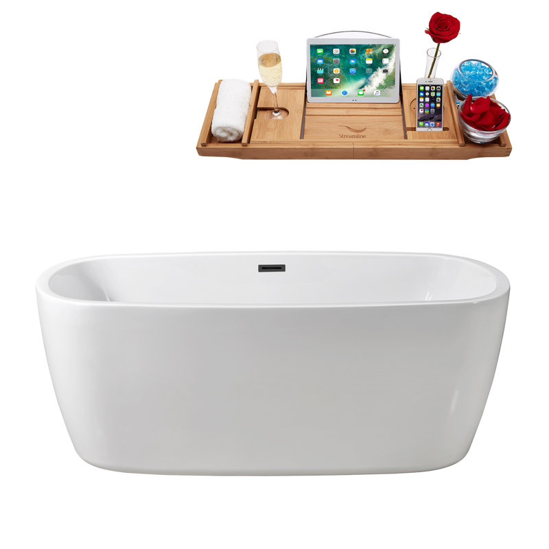 59" Streamline Freestanding Soaking Acrylic Bathtub With Drain and Bamboo Tray, Brushed Gun Metal