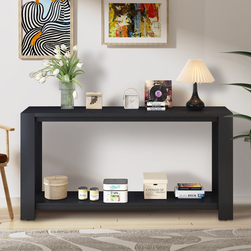 59.8'' Solid Wood Top Console Table, Black