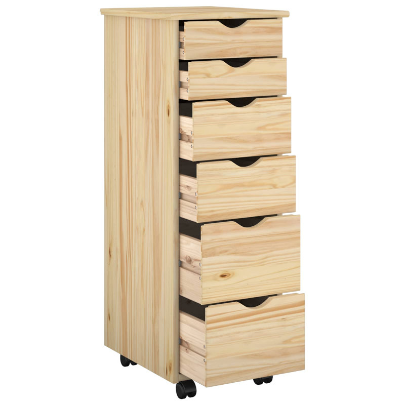  Rolling Cabinet With Wheel Solid Pine Wood Minimalist Storage Drawers, Brown