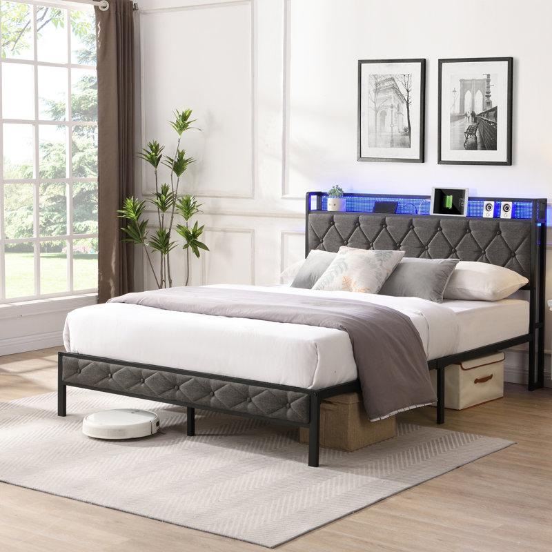 Mesum Fabric Upholstered Frame with LED Lights, Full / Double