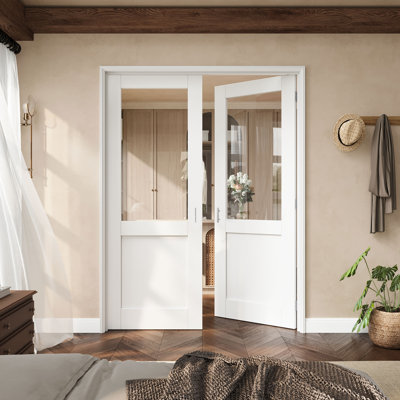 Porte française de 64 po x 80 po en verre clair demi-Lite avec charnières argentées, plaque de porte en verre transparent avec cadre, porte intérieure française comme porte de garde-manger, porte de chambre à coucher, porte de buanderie, portes de placard, portes de chambre, loquet et poignée de porte inclus