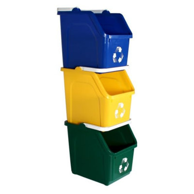 Système de recyclage multi-bacs Sturdy Essentials avec trois bacs de recyclage empilables de 6 gallons pour construire votre centre de recyclage pour les bureaux, la cuisine, les garages et les entreprises