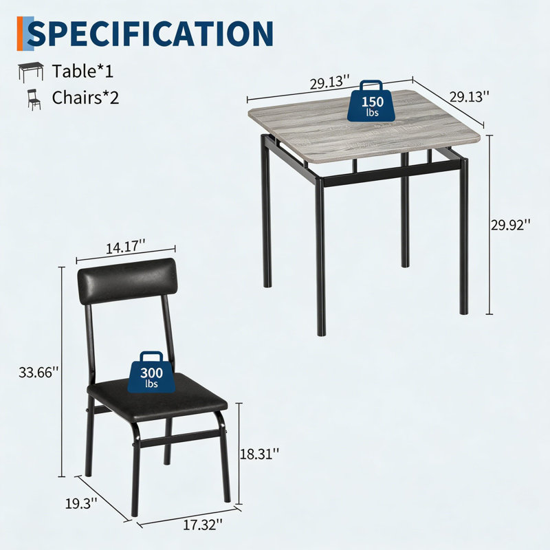 Ensemble de table de salle à manger 3 pièces pour 2 personnes, ensemble de table de cuisine compacte avec structure en métal et chaise en cuir PU