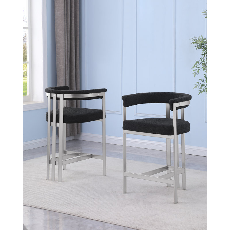 Chaises de comptoir et tabouret de bar en tissu brossé avec chrome mat brossé, Ensemble de 2, Siège noir / structure argent