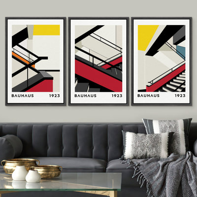 Abstract Vibrant Color Blocks Bauhaus Geometric Abstract Illustrations, Mid Century Modern Colorful Pictures, Giclee Canvas Digital Print Framed Wall Art