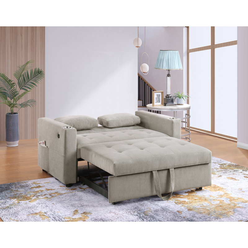 Causeuse convertible en velours côtelé de 57 po de largeur avec porte-gobelets, ports USB, pochettes pour magazines, coussins, capitonnage