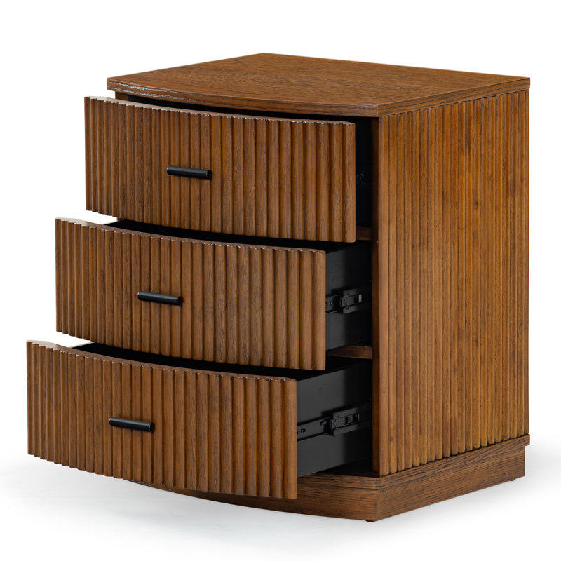 Dorchester 3 Drawer Reeded Nightstand, Medium Oak