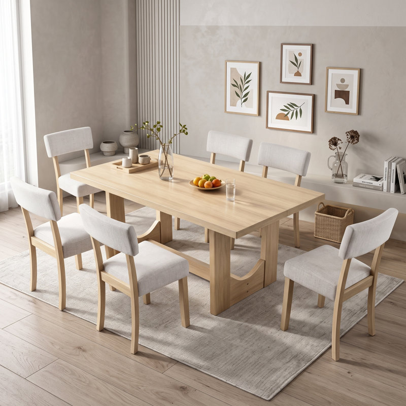 Ensemble de table de salle à manger 7 pièces pour 6 personnes avec table rectangulaire et six chaises ergonomiques rembourrées en lin pour la salle à manger