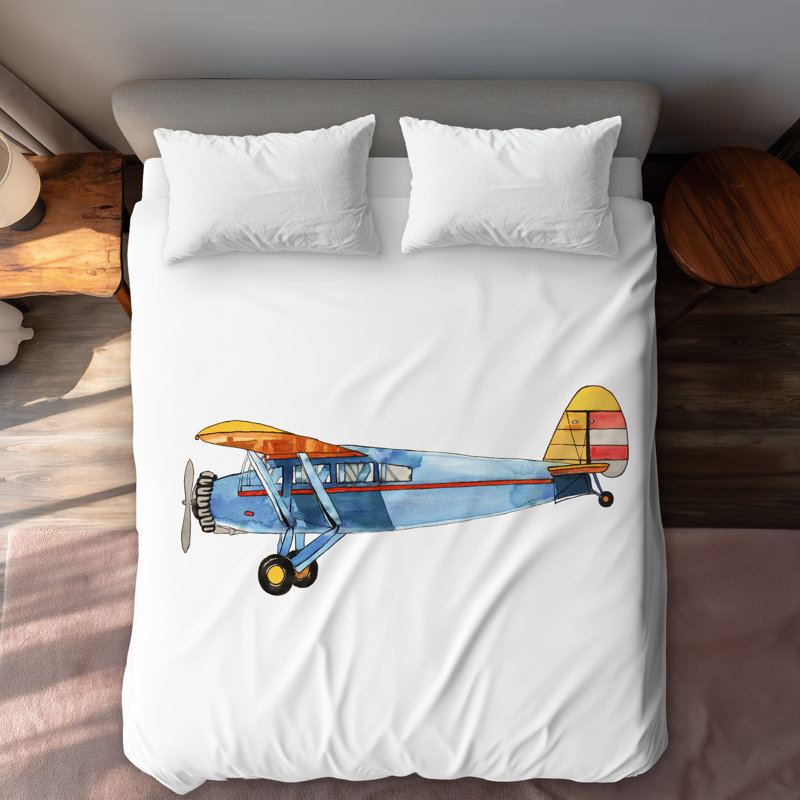 Small Blue Plane Duvet Cover - Aviation Man Cave Decor, Queen Duvet Cover