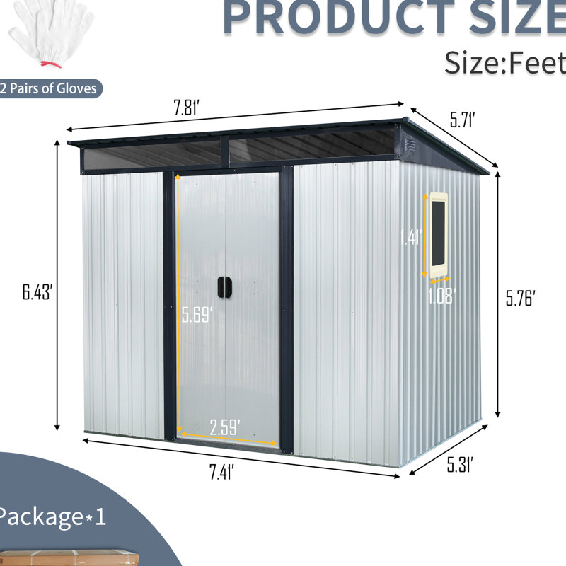 Spacious Metal Outdoor Shed For Garden Tools - With Gloves Easy To Assemble, 77.28" H x 91.29" W x 66.55" D, White/Black