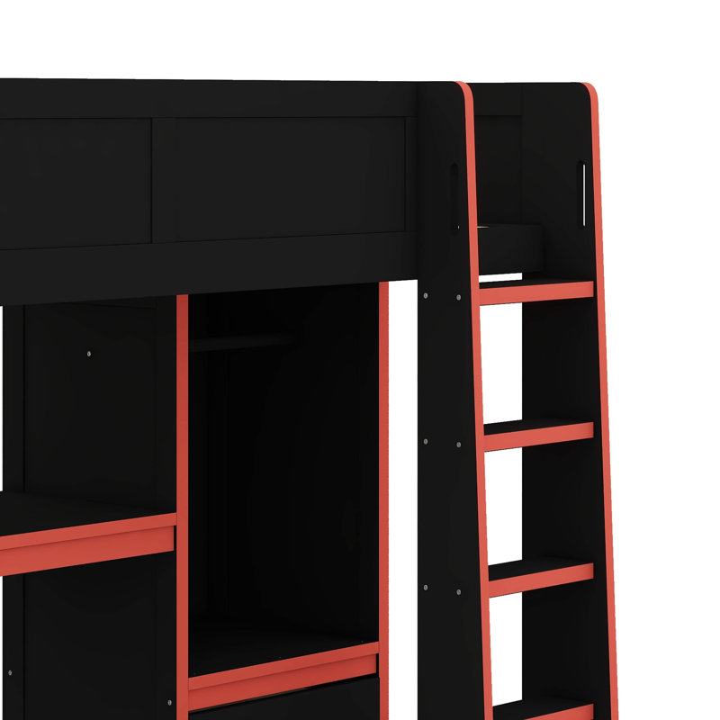 Lit mezzanine simple en bois avec bureau intégré, garde-robe, DEL et tiroir, Lit simple
