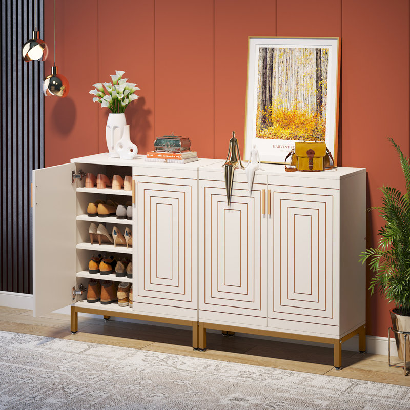 20 Pair Shoe Storage Cabinet, White/Gold
