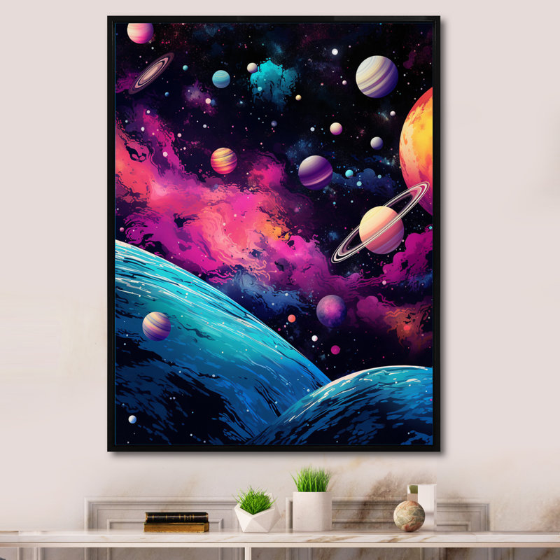 Galaxies de l'amour rose sur toile, Cadre flottant noir, H 32 po x l 16 po x P 1 po