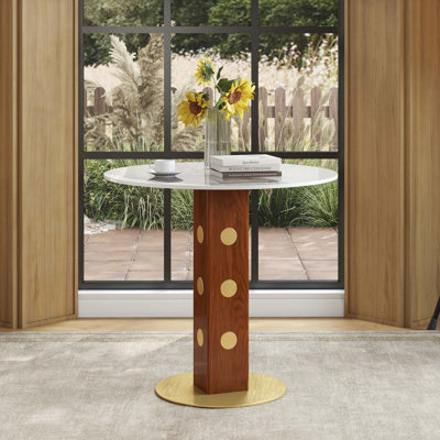 Modern 2-Person Dining Table With Square Wooden Pedestal Leg And Gold Base, Perfect For Small Spaces And Urban Living