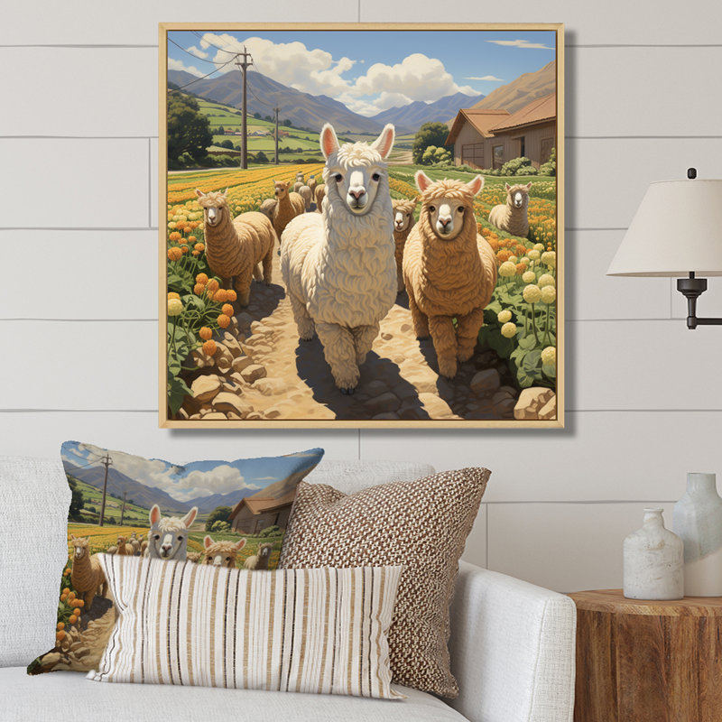Cheerful Farm Alpaca Portrait - Perroquet, art mural, Encadrement doré, H 16 po x l 16 po