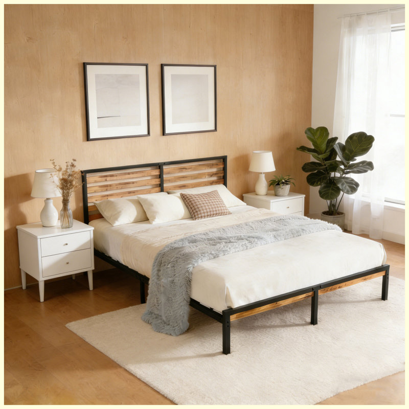 Structure de lit double avec tête de lit en bois, lit plateforme en métal robuste avec rangement sous le lit, support de lattes silencieux, aucun sommier requis, brun rustique et noir