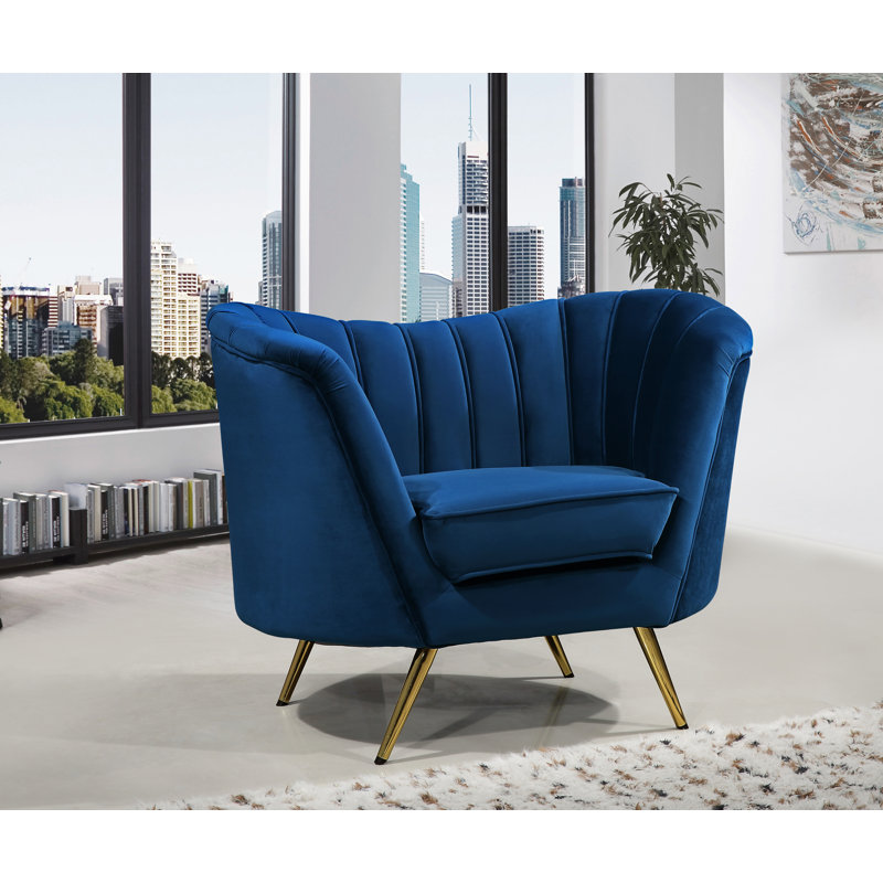 Fauteuil demi-tonneau en velours touffeté de 43 po de large Tiberius, Bleu marine
