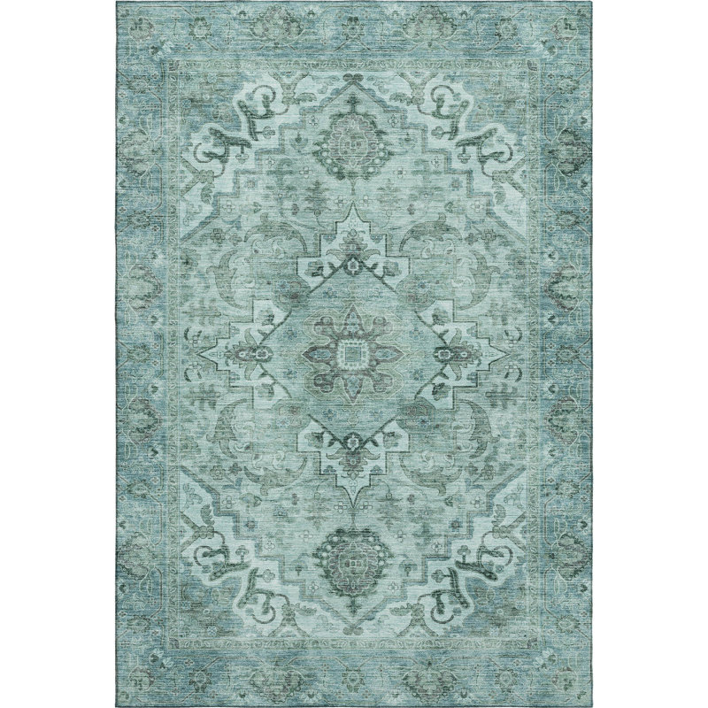 Premium Machine Washable Mayfield AMF2164 global Rug, Teal, Rectangle 8' x 10'