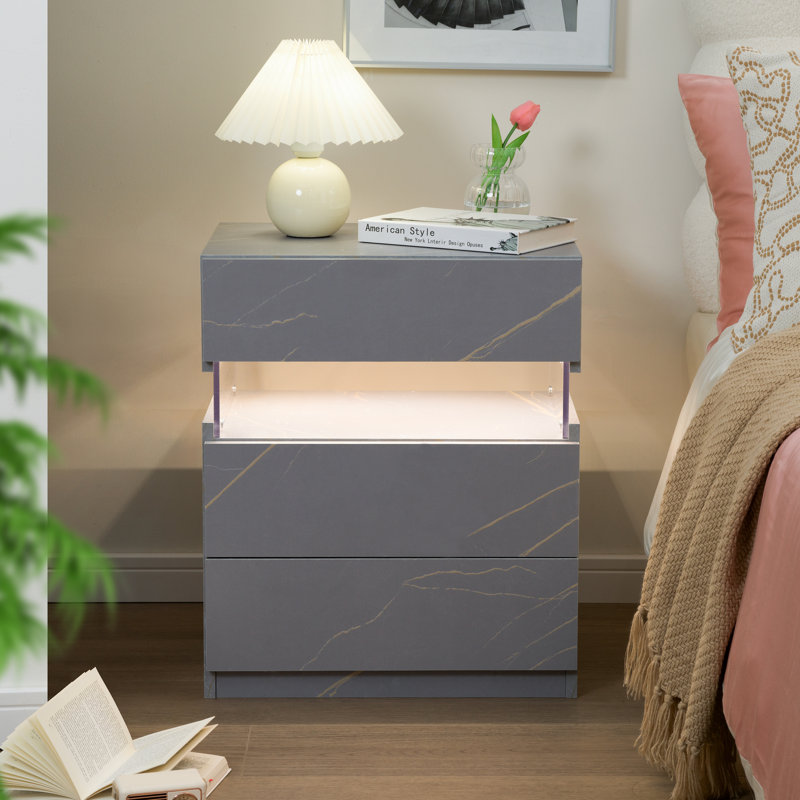 Gold and Gray Acrylic LED Nightstands with 3 Drawers