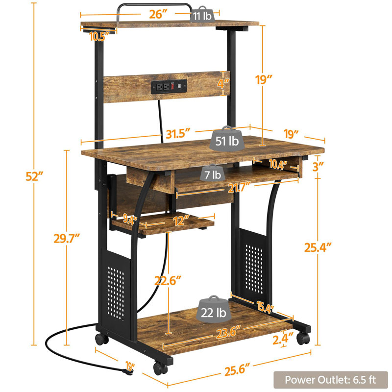 3-Tier Rolling Computer Desk with Charging Station, USB Ports, and Keyboard Tray for Home Office, Rustic Brown/Black