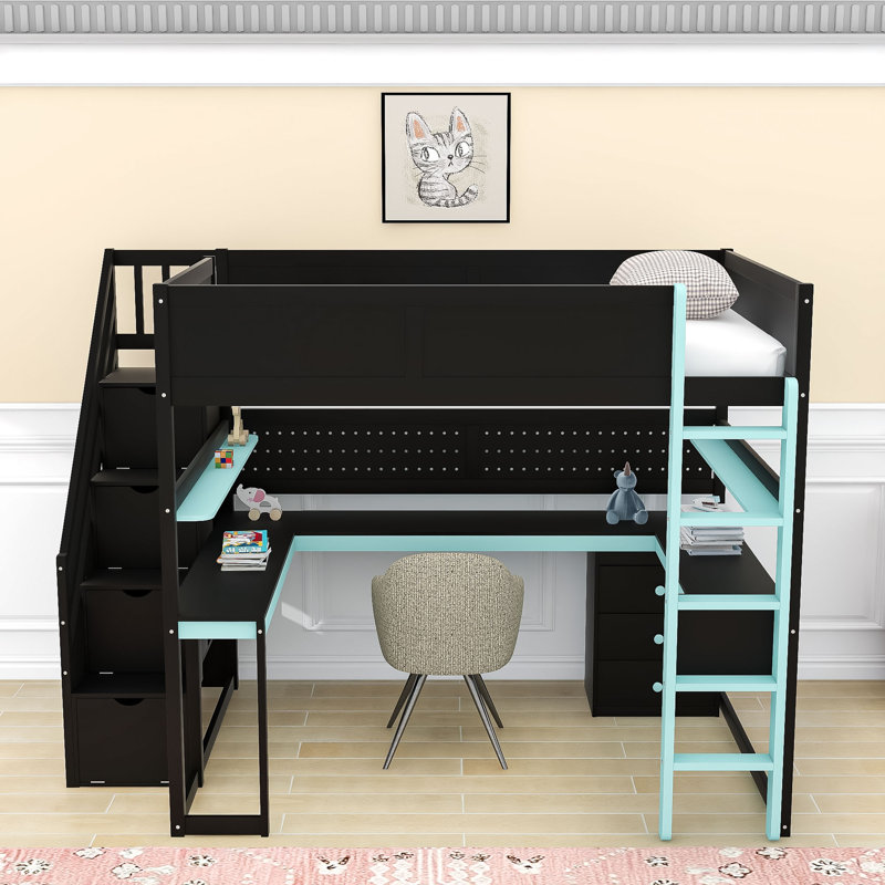Wooden Loft Bed with Built-in Desk and Storage Stairs, Full, Black/Blue