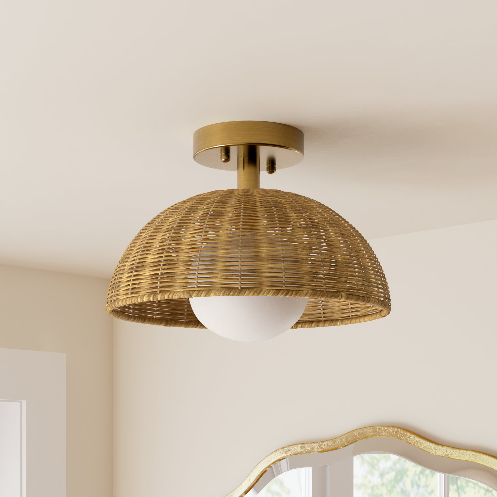 Bijolle 12'' 1 Light Farmhouse Rattan Plait Dome Semi Flush Mount Lighting For Living Room/Bedroom, Brushed Gold