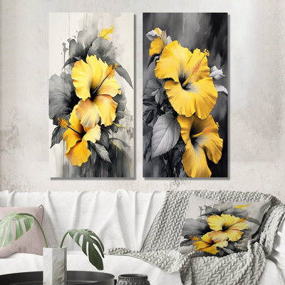 Jaune et gris - Hibiscus Serenade - Hibiscus, ensemble de 3 reproductions d'art en métal