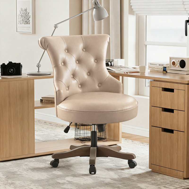 Asyra Wide Back Tufted Swivel Task Chair, Ivory Cream Leather