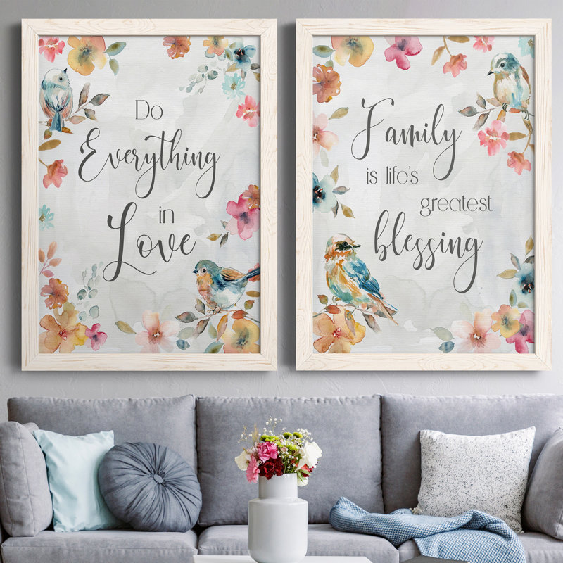 «Spring Bird Love», ensemble de 2 encadrements d'art textuel sur toile, H 24 po x l 36 po x P 1,5 po, Cadre blanc