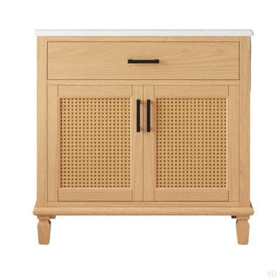 36" Rattan Bathroom Vanity With Ceramic Sink, Modern Bathroom Sink Cabinet With Soft Close Doors And Drawers, Free-Standing Bathroom Vanity With Solid Wood Legs And Large Space Storage