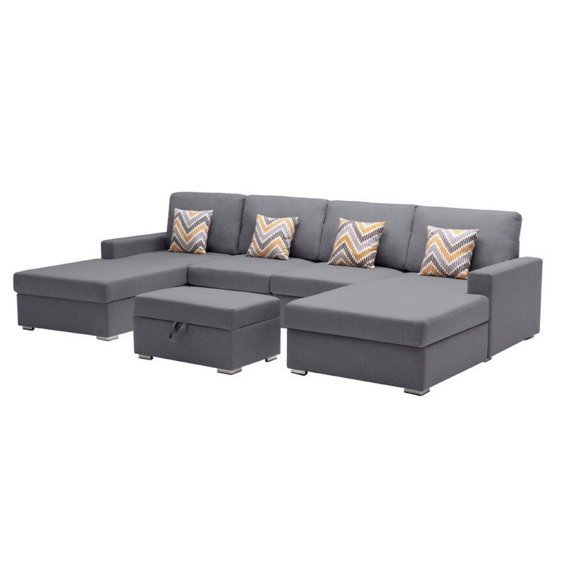 Canapé modulaire à méridienne double 5 pièces avec pieds interchangeables Latitude Run®, 100 % lin gris