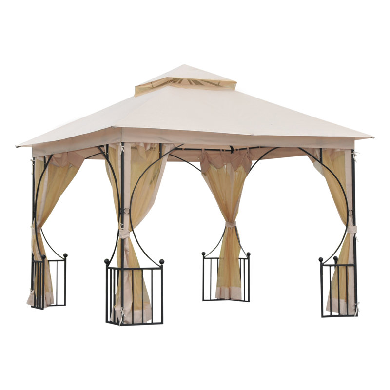 Outsunny 3 x 3m Garden Gazebo Double Tier w/Metal Frame Netting Beige