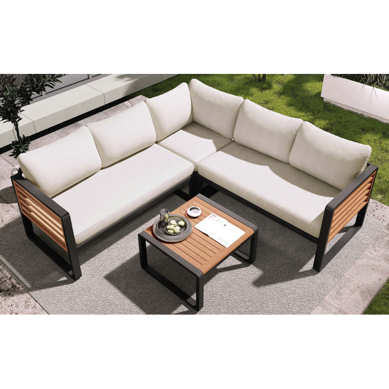 4-Pieces Patio L-Shaped Conservation Sofa Set With Coffee Tables, Beige