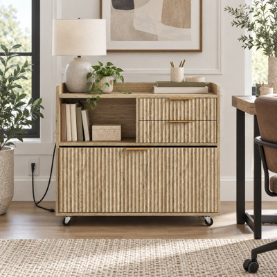 Mobile Office File Cabinet with Charging Station, Multiple Drawers and Open Storage