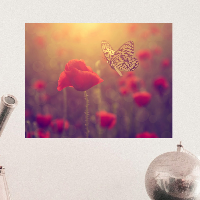 Décalcomanie murale d’art amovible papillon et rose, H 36 po x l 48 po