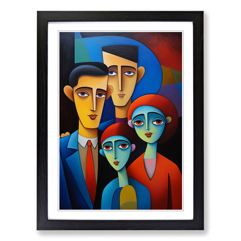 Loving Family Hard Edge Painting - Single Picture Frame Print on Wood, Black Framed, 34cm H x 25cm W x 2cm D