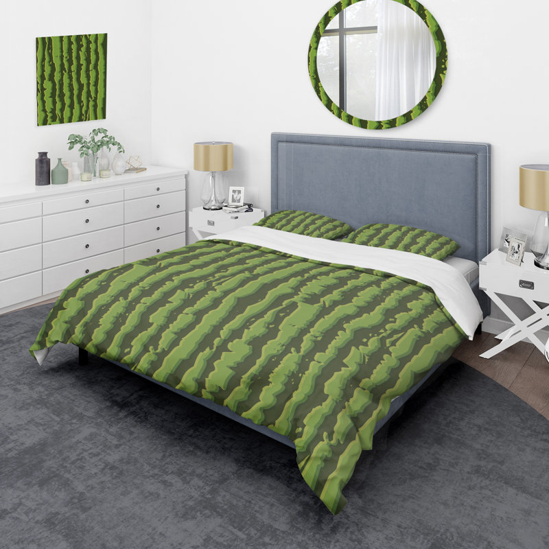 Green Striped Pattern - Abstract Duvet Cover Set - Microfiber Polyester, Full/Queen Duvet Cover + 2 Standard Shams