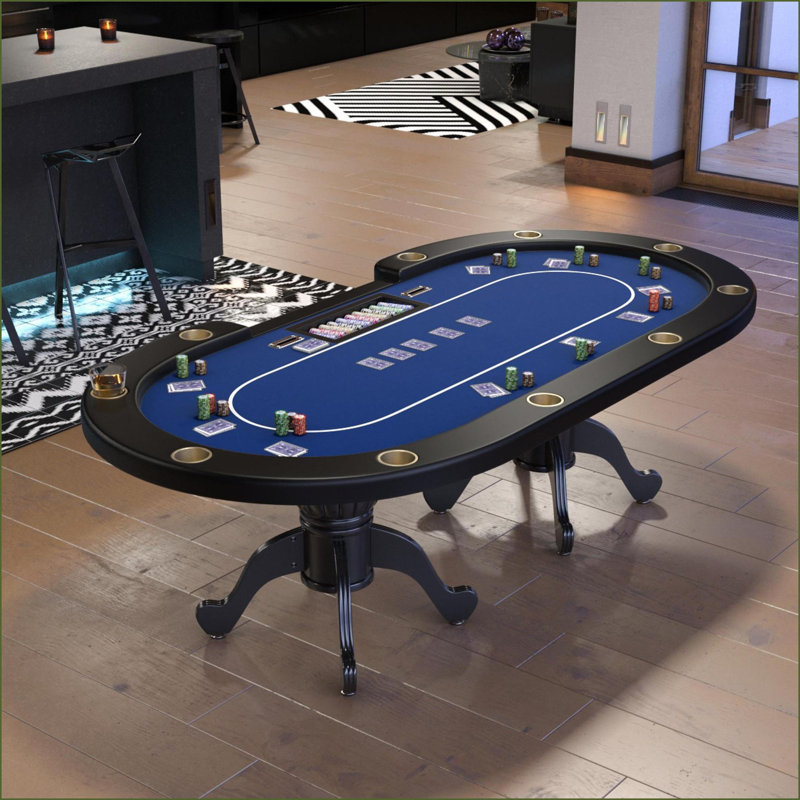 Table de poker Texas Holdem ovale 96 po avec porte-gobelet en feutre imperméable | Bleu | Moderne, Bleu / Noir