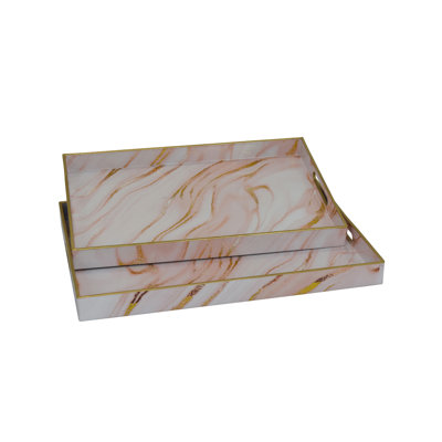 Hamza Rectangular Tray, Set of 2, Pink-Gold Marble Finish Polyurethane