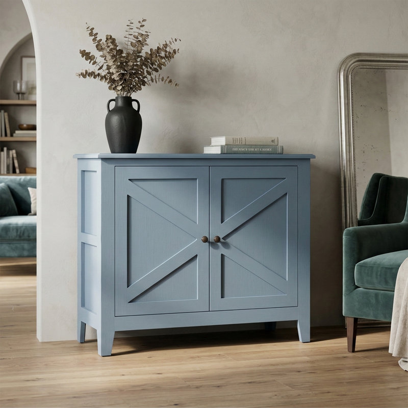  42″ Wide Modern Farmhouse 2-Door Accent Storage Cabinet with X-Panel Doors and Interior Shelves, Aleutian