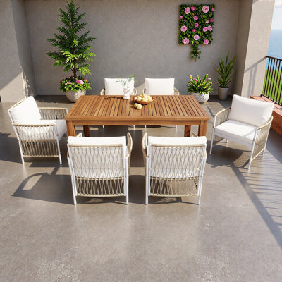 Patio 7Pcs Wooden Dining Table Set, Outdoor 67''L Rectangular Table With 6 Rattan Arm Chairs For Poolside